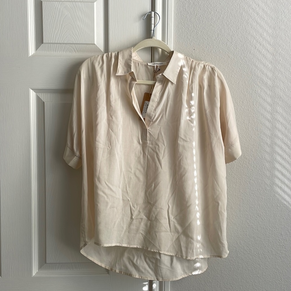New with Tags Attached! Grade & Gather sheer short sleeve blouse. Ecru-beige.